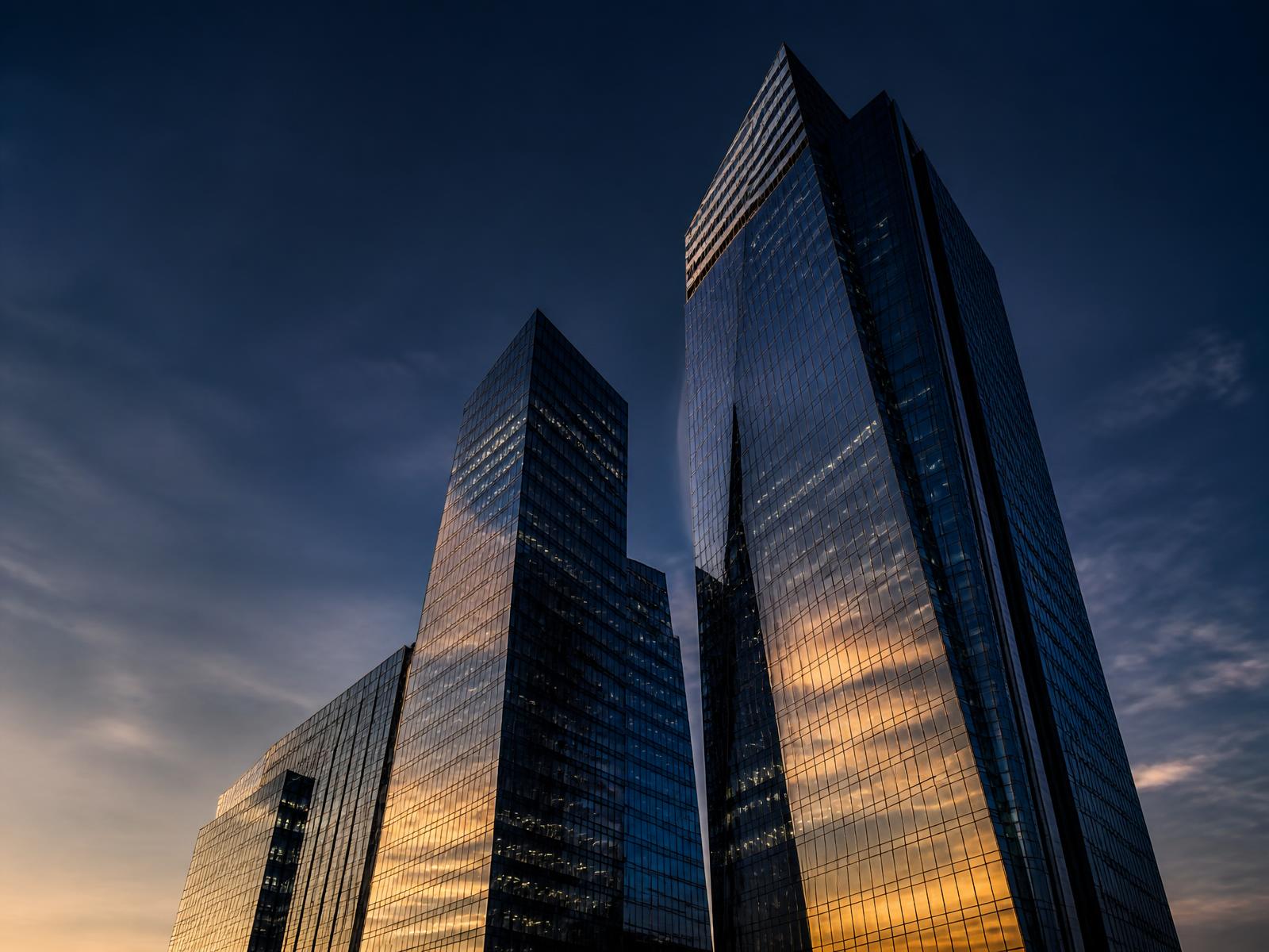 Glass office towers at dusk